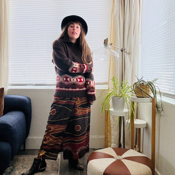 Vintage 90s Brown Wool Cashmere Cowichan Southwestern Aztec Sweater S/M Petite - Picture 4 of 13